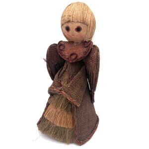 Vintage Angel Figurine Burlap Jute Primitive Kitsch Tree Topper 10" x 5"